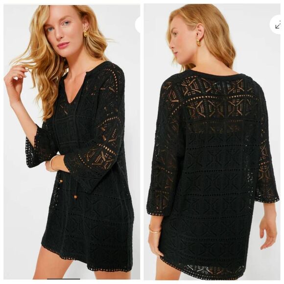 Pomander Place Black Crochet Knit Kai Dress Sz L - Picture 2 of 12